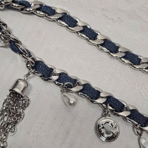 Christian Siriano C Wonder Denim Silver Chain Charms Waist Hips Boho Belt NWT